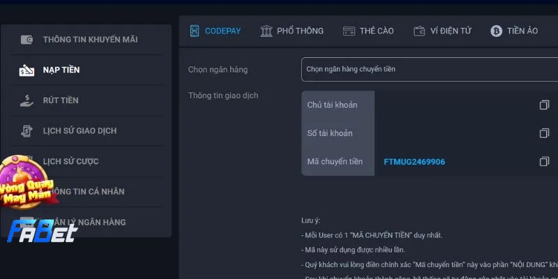 Nạp tiền Fabet qua ngân hàng cực đơn giản